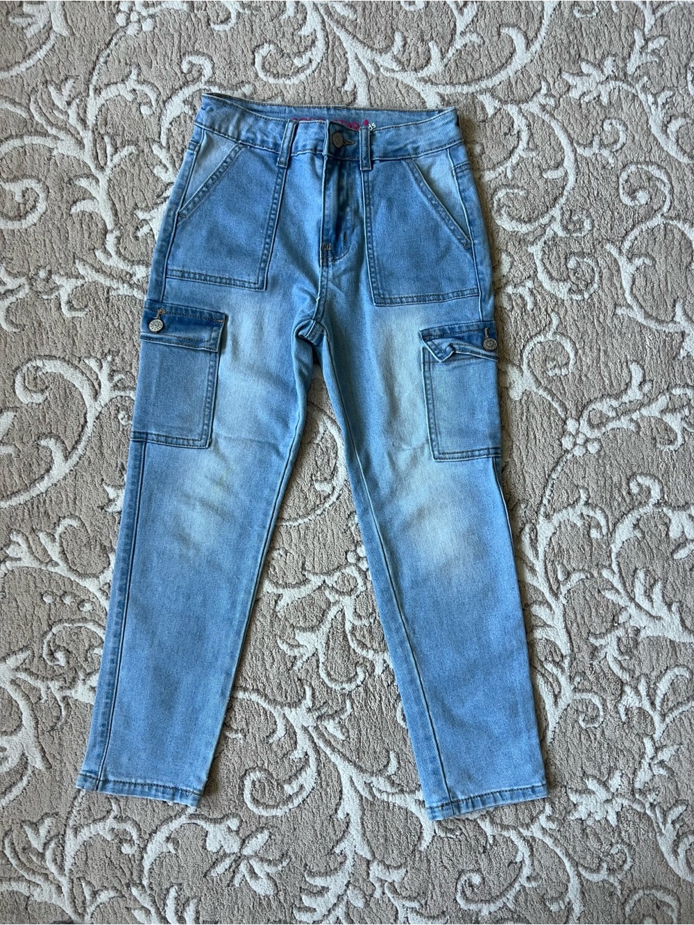 Light Blue Kids Cargo Denim Jeans - Casual Utility Style